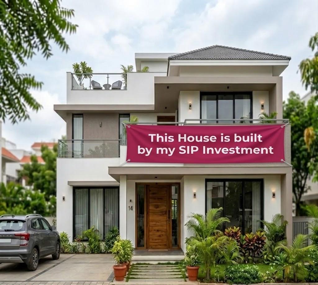 A modern two-storey family home with a banner reading: This House is built by my SIP Investment