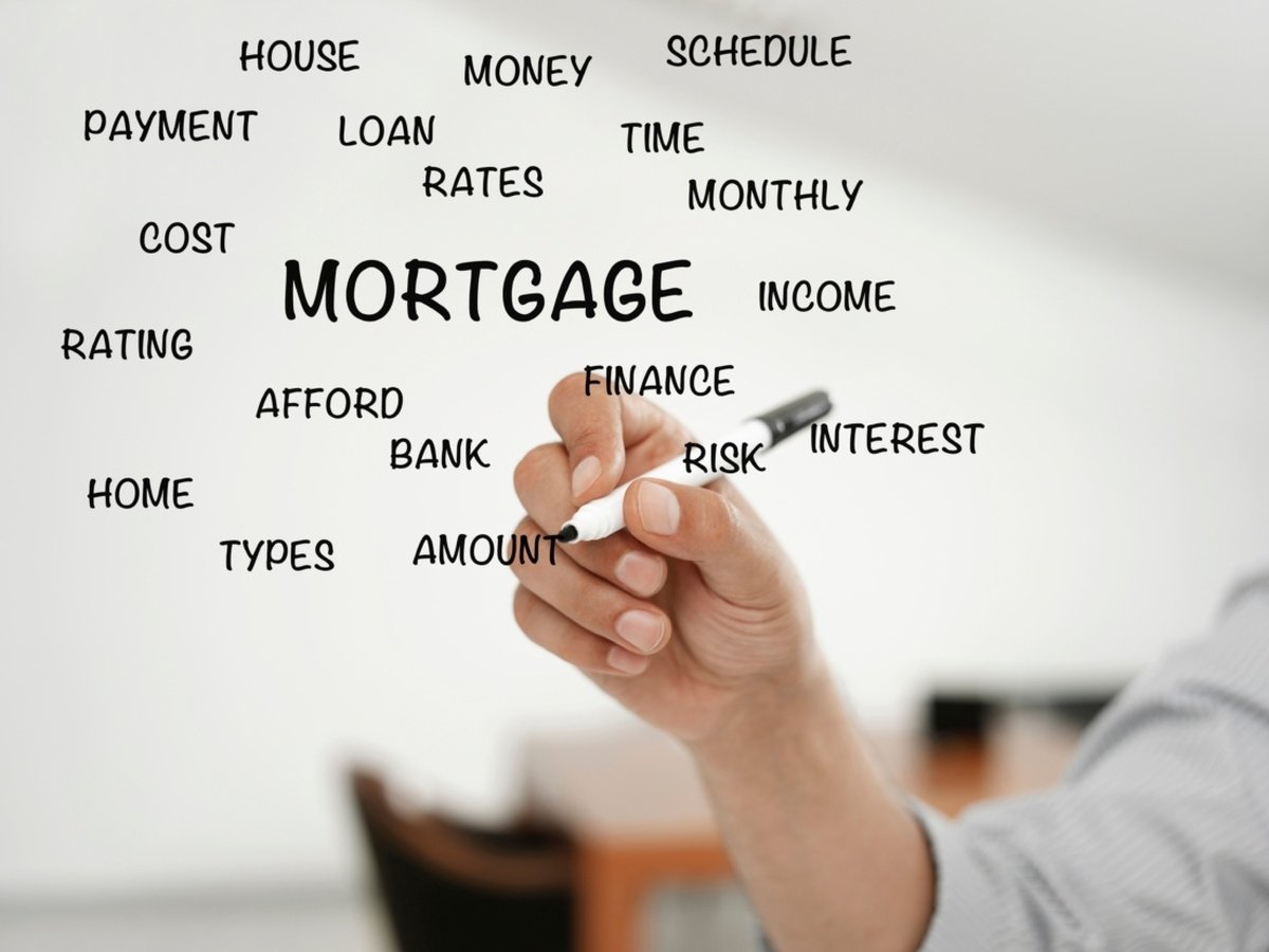 A hand writing mortgage-related words such as loan, rates, income and finance on a glass board